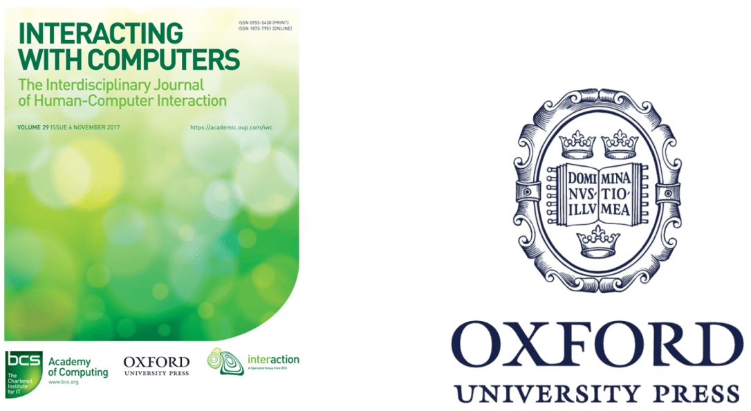 Front page of the journal Interacting with Computers, and logo of the Oxford University Press publishing house.