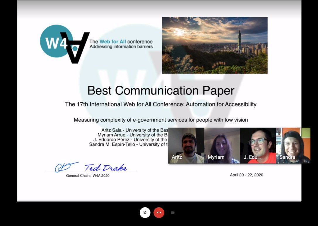The four authors of the award-winning paper virtually celebrating via videoconference the certificate reception.