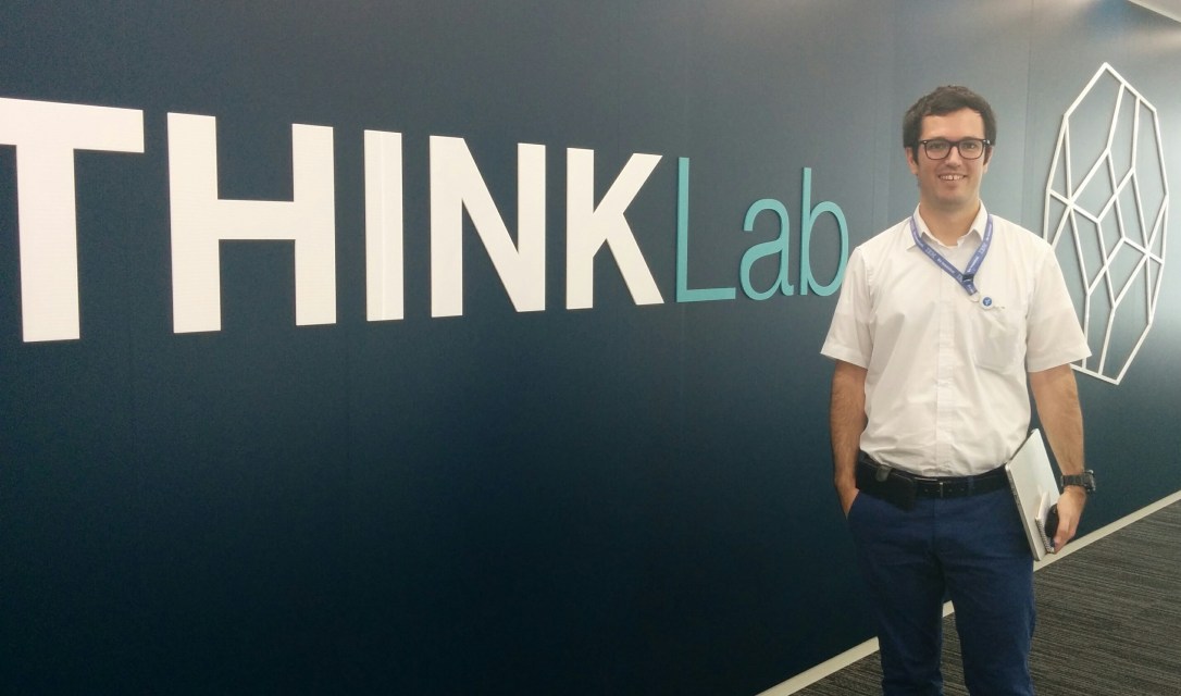 J. Eduardo Pérez standing outside the meeting hall after his presentation speech at IBM Research, Nihonbashi Hakozaki office.